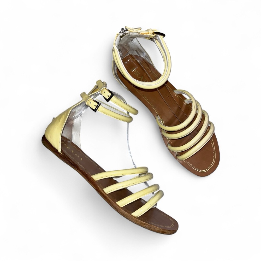 Prada Yellow Platform Sandals Patent Leather Gladiator Strappy Flat 9 Y2K 🟡 - Picture 2 of 10